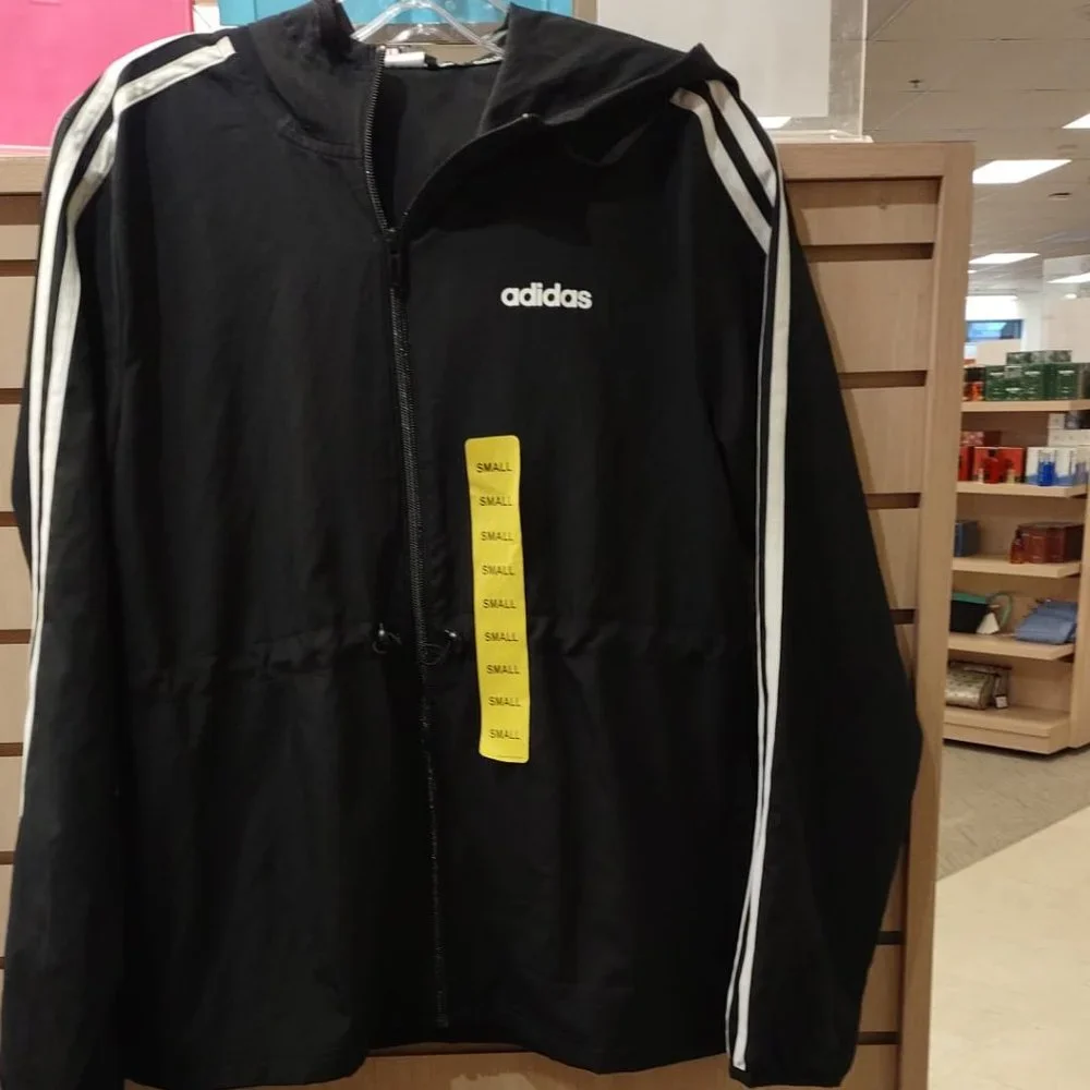 ADIDAS Women Full Zip Hoodie Windbreaker Lightweight Jacket 3 Stripe -Black - Picture 4 of 7